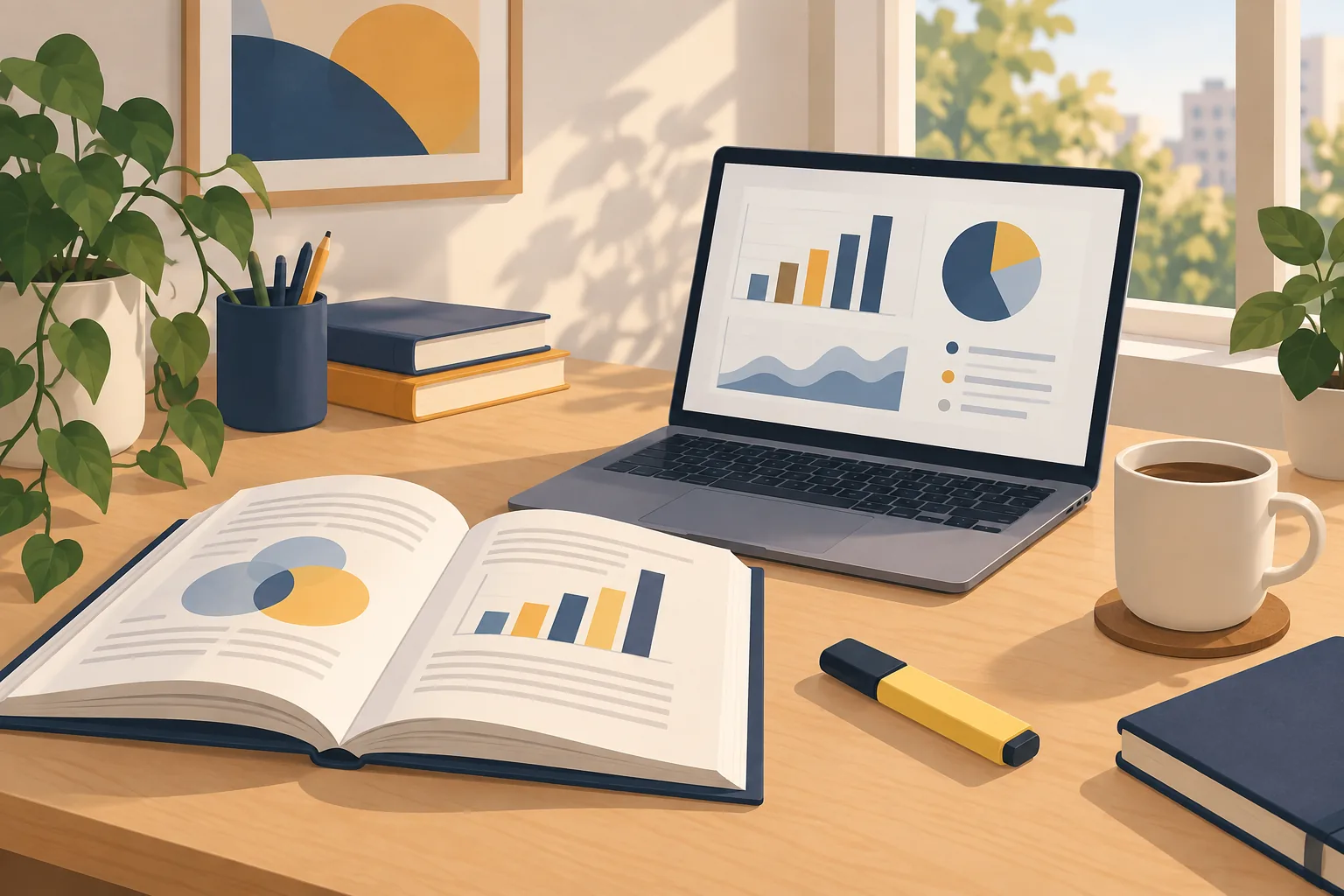 Illustration of an open book beside a laptop showing study charts