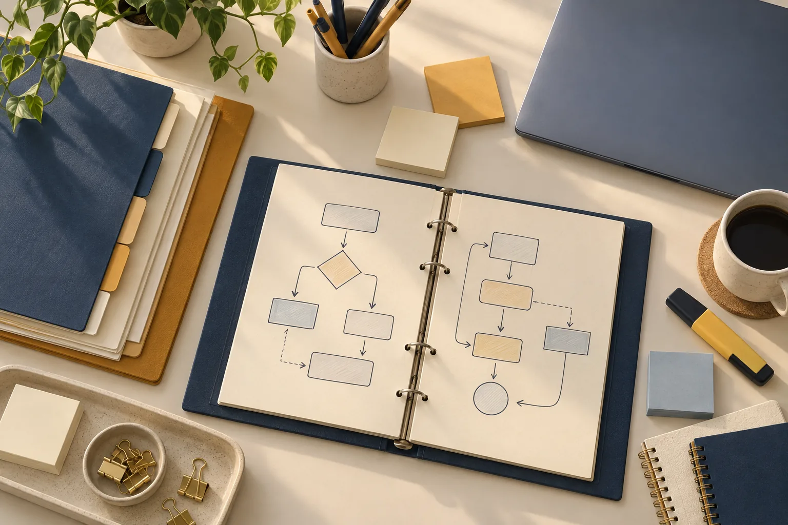 Illustration of an open planner and folders on a study-planning desk