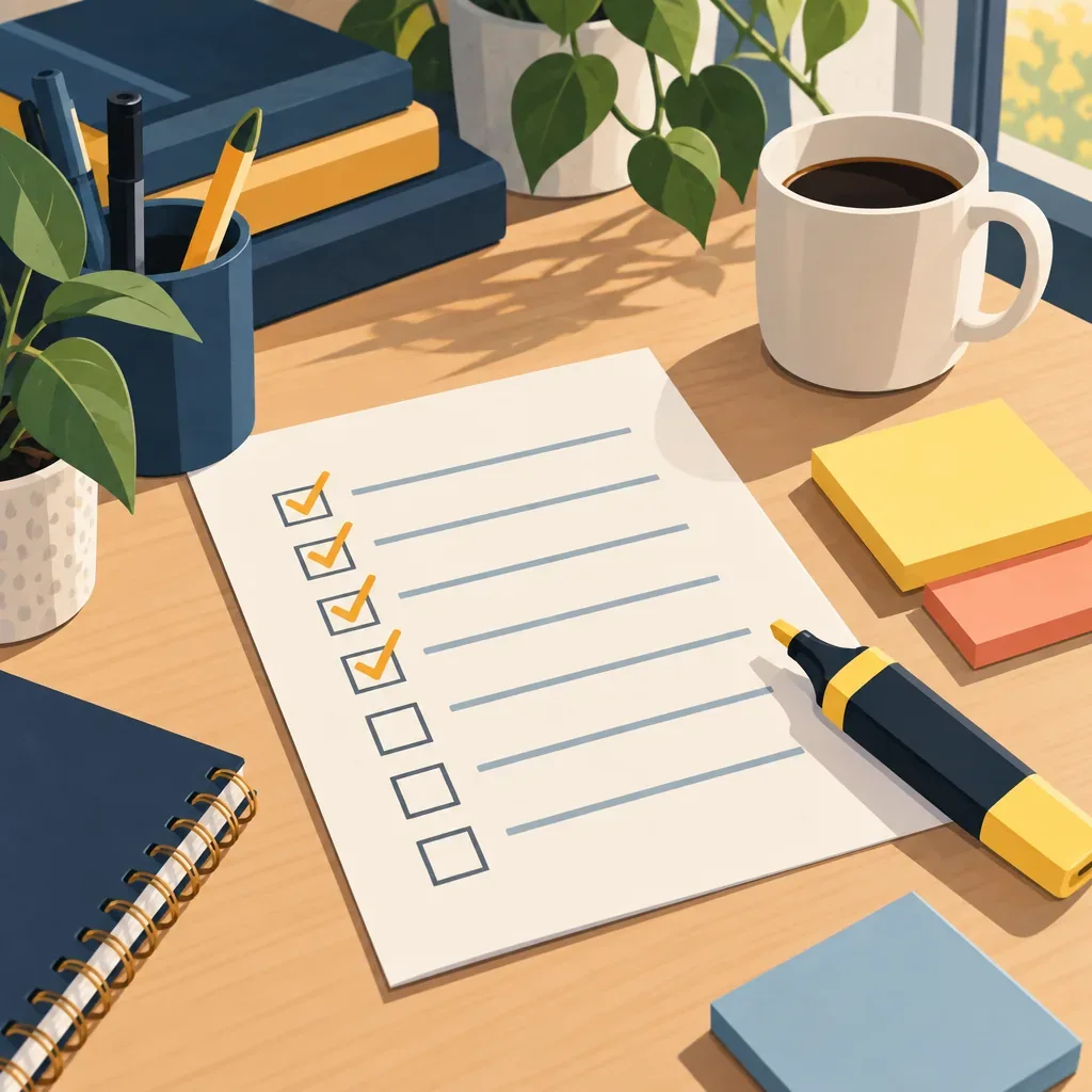 Illustration of a checklist and sticky notes on a desk