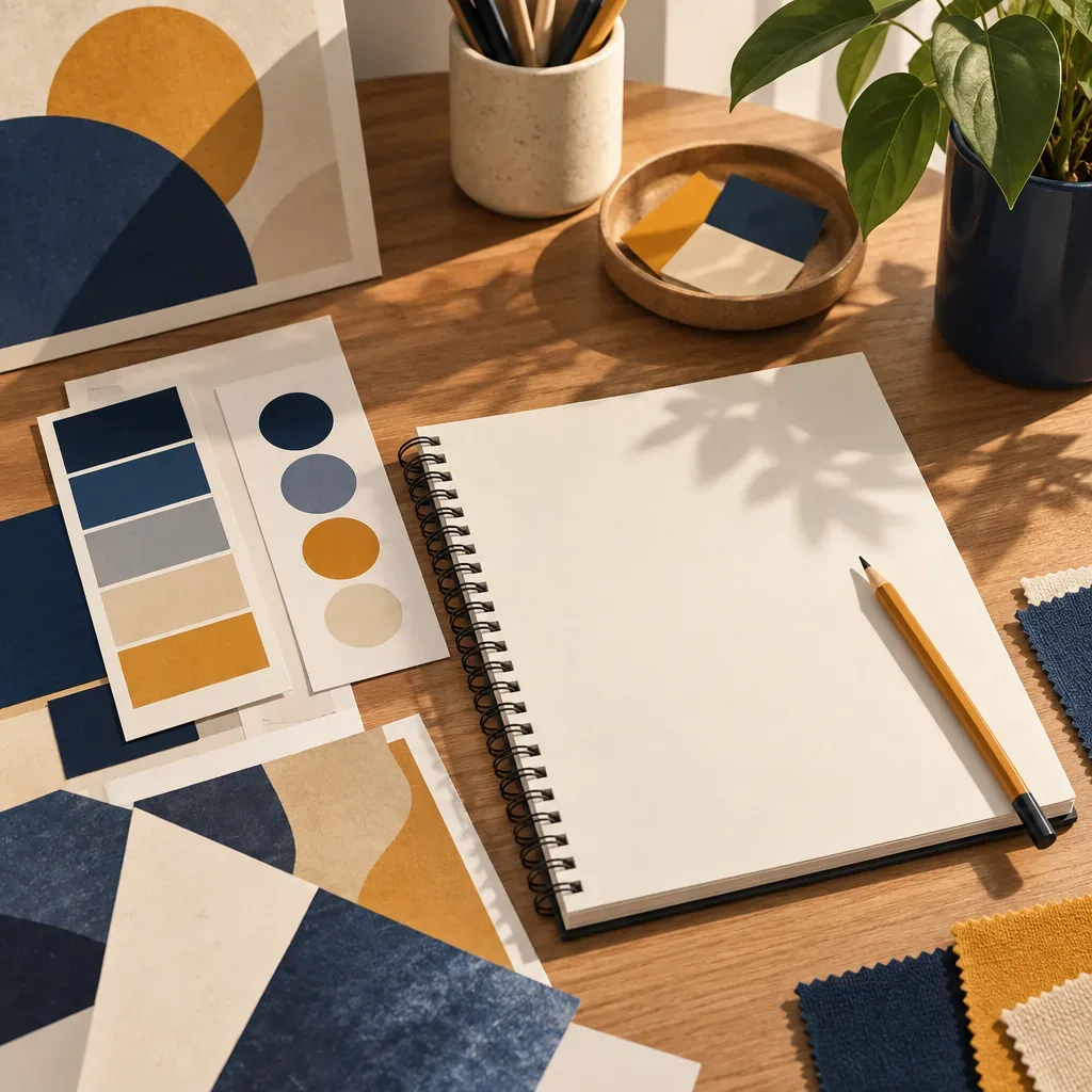 Illustration of design swatches and a sketchpad in a studio