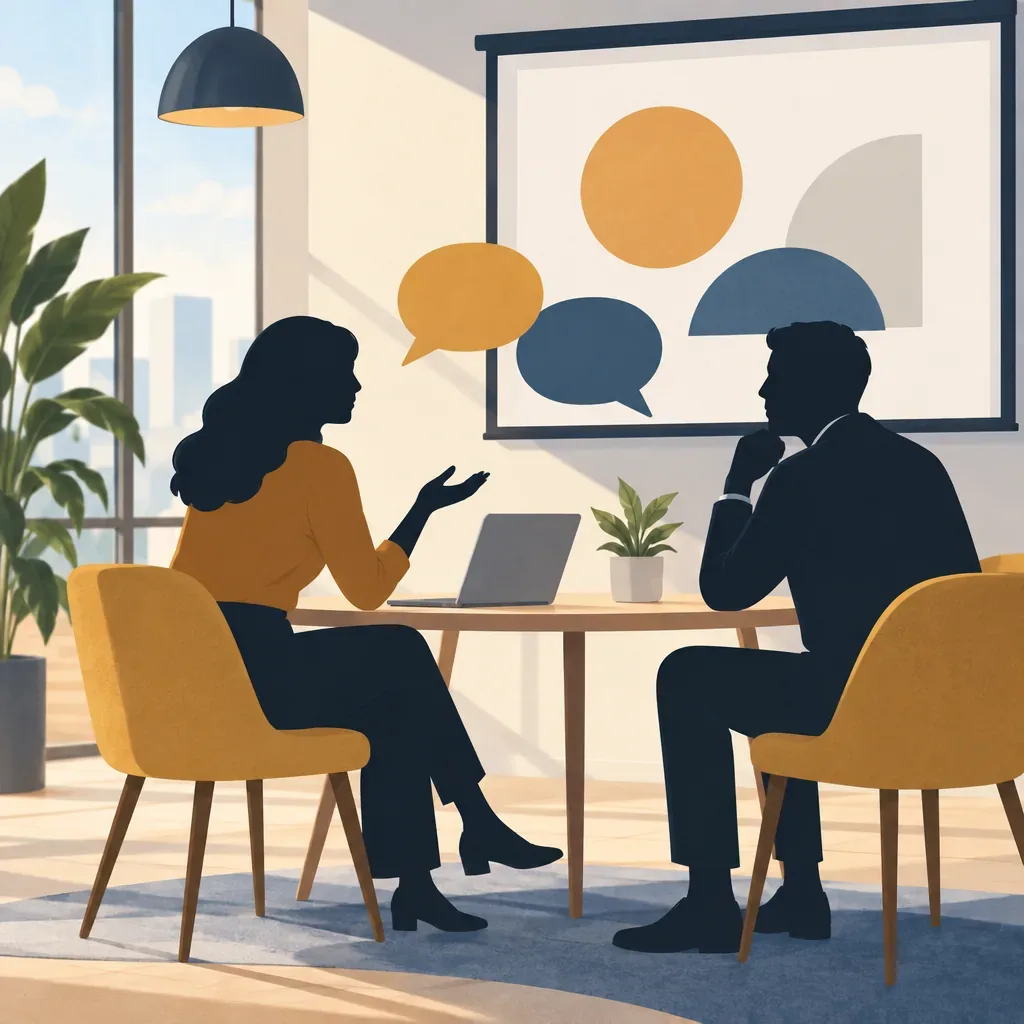 Illustration of two silhouettes talking across a table