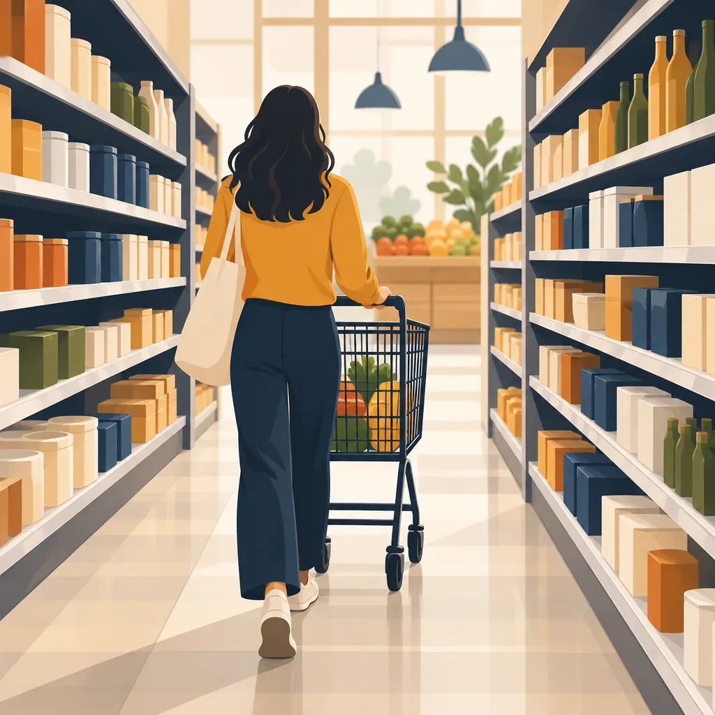 Illustration of a shopper silhouette browsing a store aisle