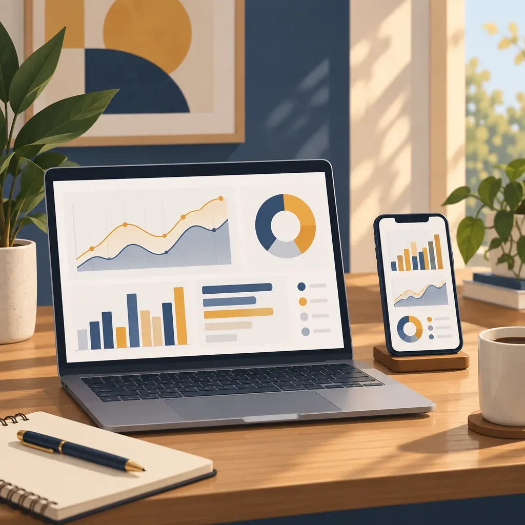 Illustration of a laptop and phone with abstract analytics charts