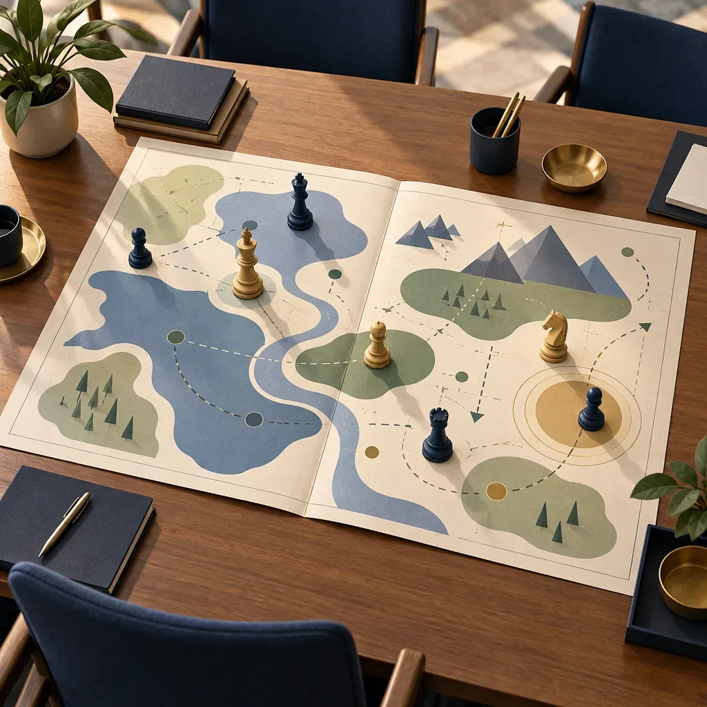 Illustration of a boardroom strategy map on a table