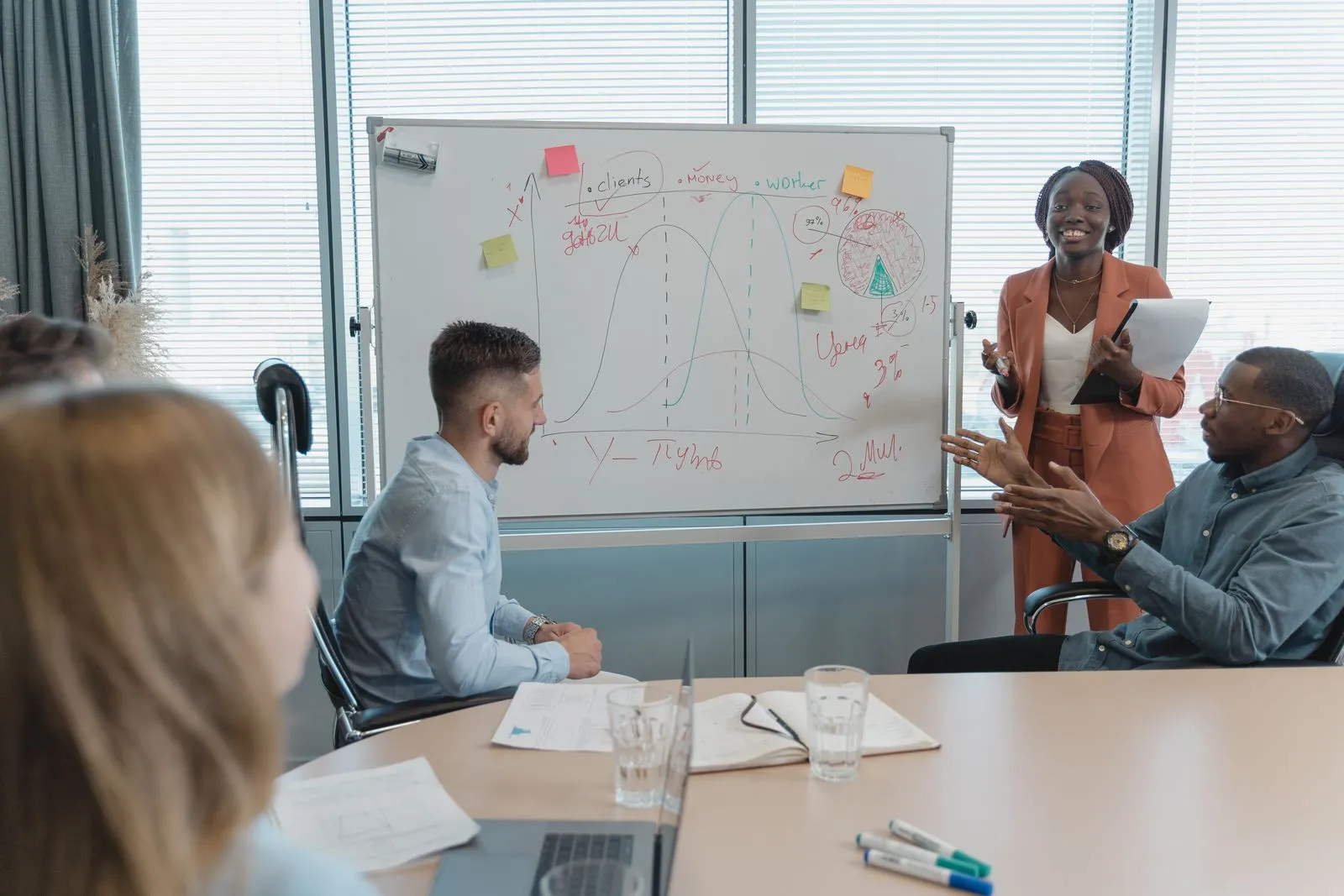 Coworkers discussing strategy around a table in a conference room